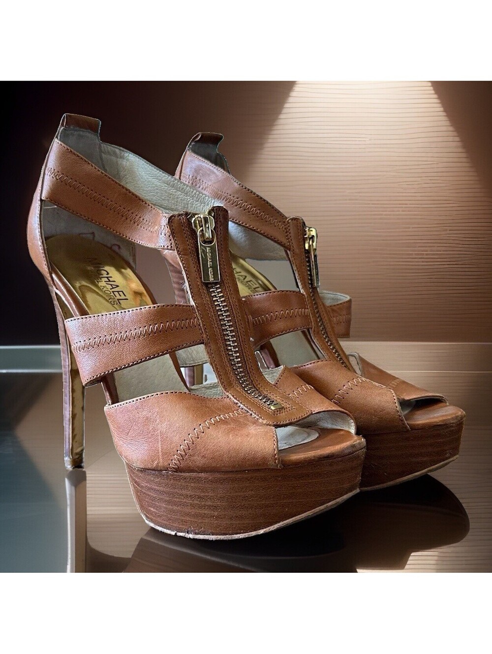 Michael Kors Berkley Heels 6.5 Brown Leather Platform T Strap Zip Sandals